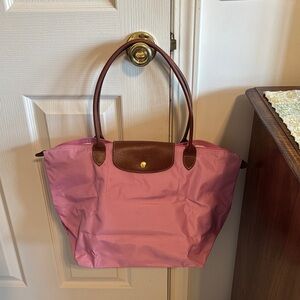 Longchamp Pink Tote with Brown Leather Trim